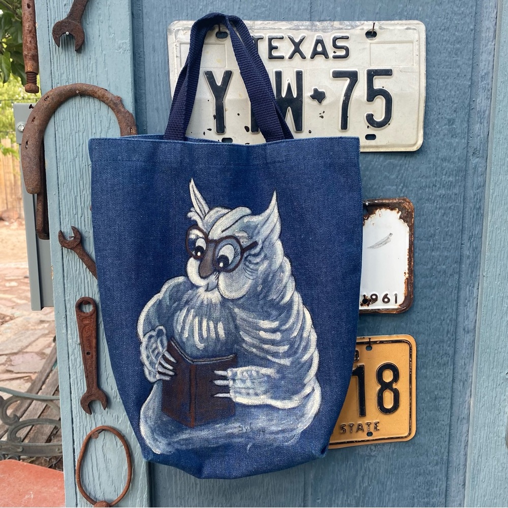 Denim owl tote bag, owl with glasses reading a book